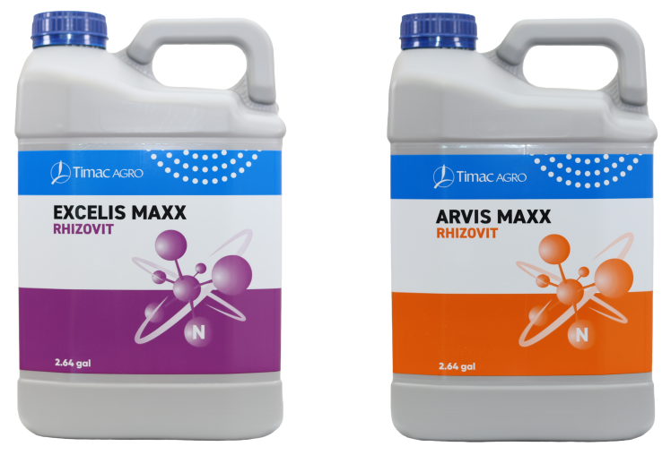 Image of containers of Excels Maxx and Arvis Maxx, a nitrogen-based agricultural product, in a 2.64-gallon size.