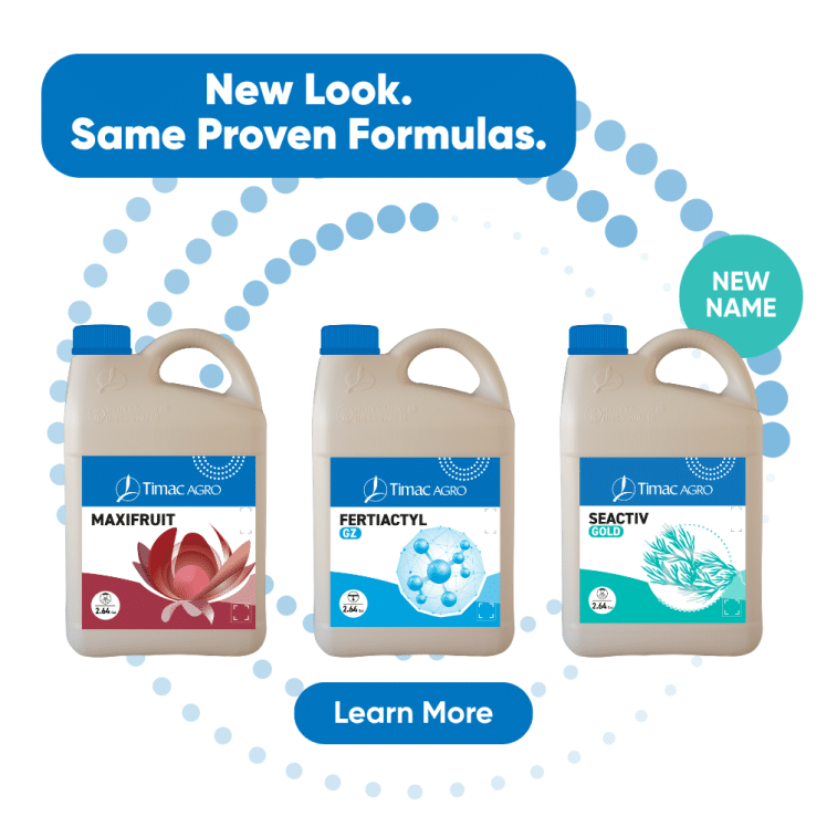 Image of new packaging for TIMAC AGRO USA rebranding | Jugs of MAXIFRUIT, FERTIACTYL and SEACTIV